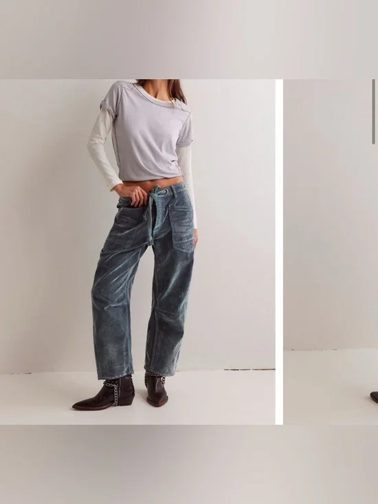 NWOT Free People We The Free Moxie Flocked Pull-On Barrel Jeans green blue 31 IR - Picture 3 of 13